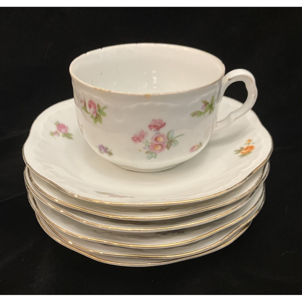 Bavaria Schumann Germany US Zone Floral Pattern 1 Teacup 6 Saucer 1940s Kitchen